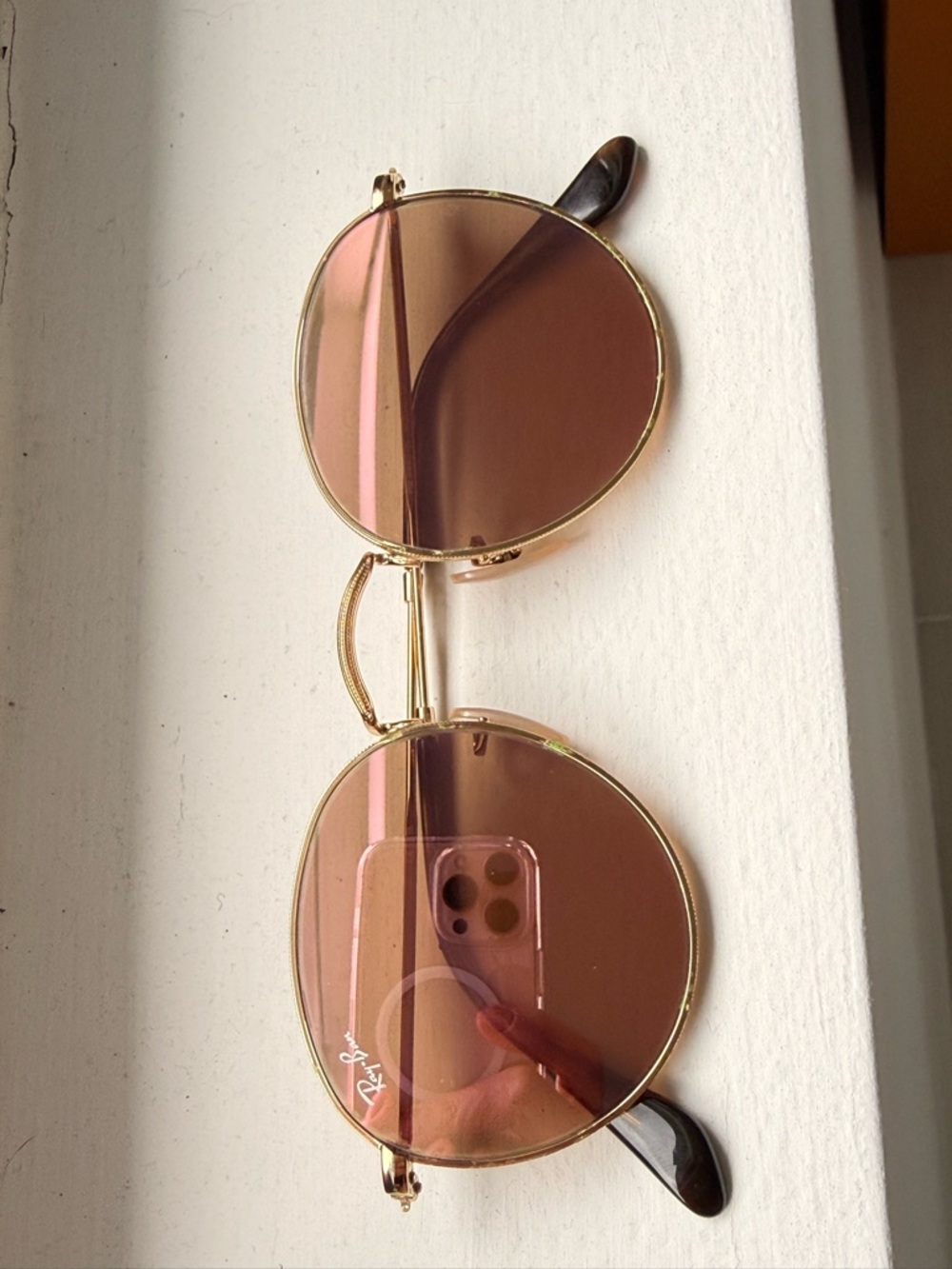 Ray-Ban Round Sunglasses Pink Lenses Gold Frame